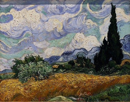《麦田里的丝柏树》Wheat Field with Cypresses